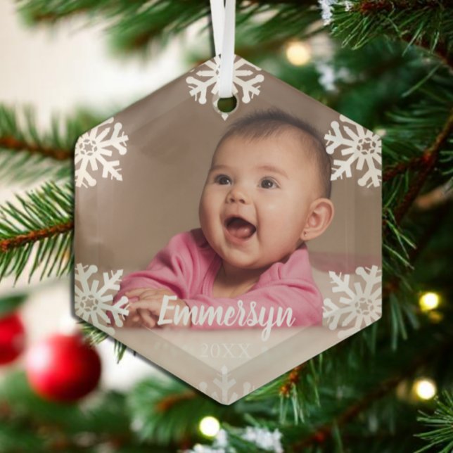White Snowflakes Baby Photo Glass Tree Decoration (Creator Uploaded)