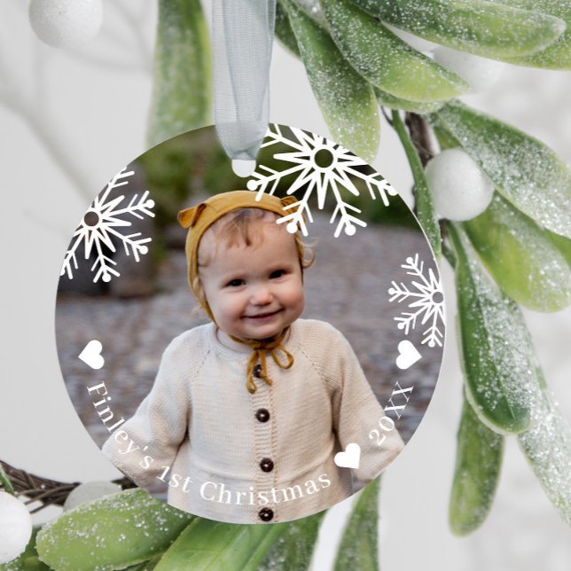 White Snowflakes Baby's First Christmas Photo Ceramic Ornament (Creator Uploaded)