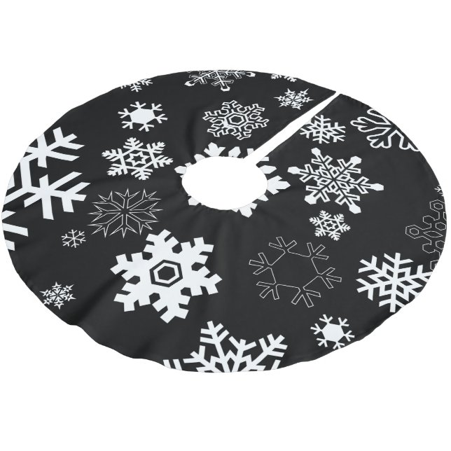 White Snowflakes - Black Brushed Polyester Tree Skirt (Angled)