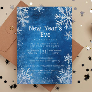 White Snowflakes Blue 1 New Year's Eve Party Invitation