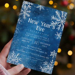 White Snowflakes Blue 1 New Year's Eve Party Invitation
