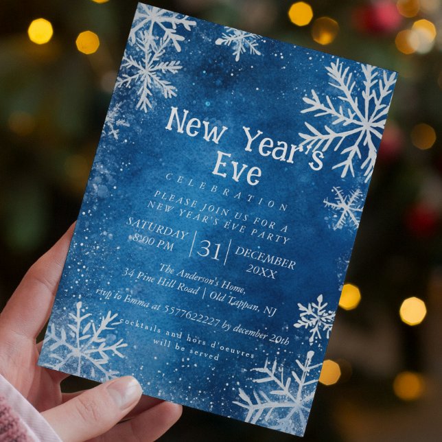White Snowflakes Blue 1 New Year's Eve Party Invitation (Creator Uploaded)