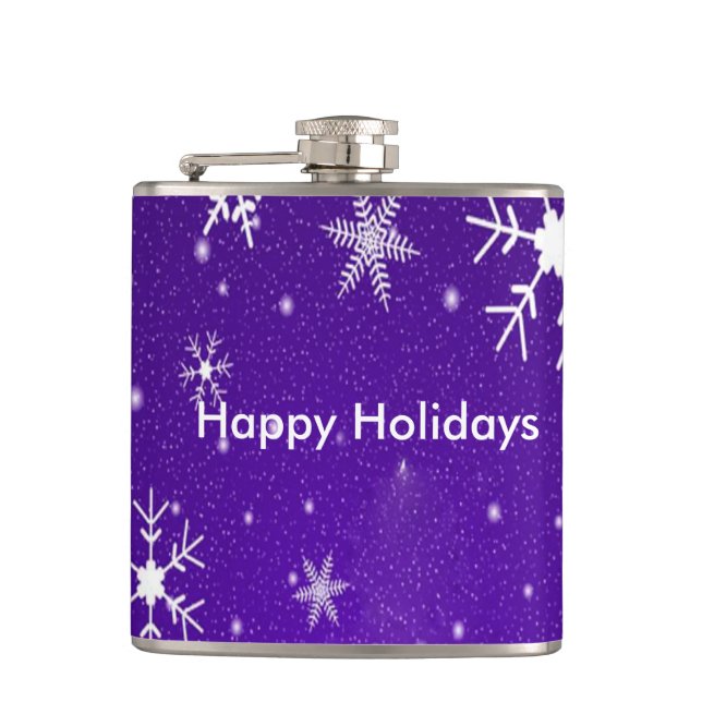 White Snowflakes Blue Backgrd Vinyl Wrapped Flask (Front)