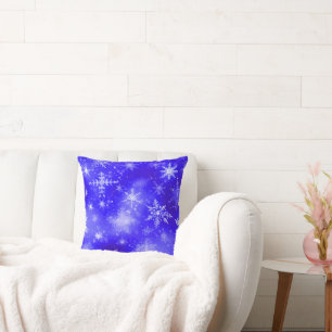 White Snowflakes Blue Cushion