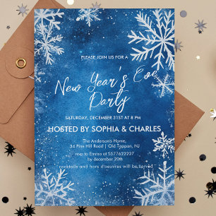 White Snowflakes Blue New Year's Eve Party Invitation