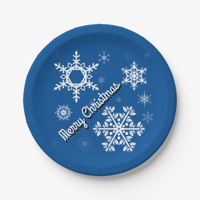 White Snowflakes Blue Paper Plates (Front)