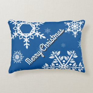 White Snowflakes Blue Pillow