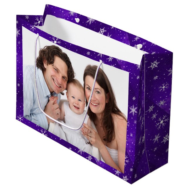 White Snowflakes Blue-Purple Backgd Large Gift Bag (Front Angled)
