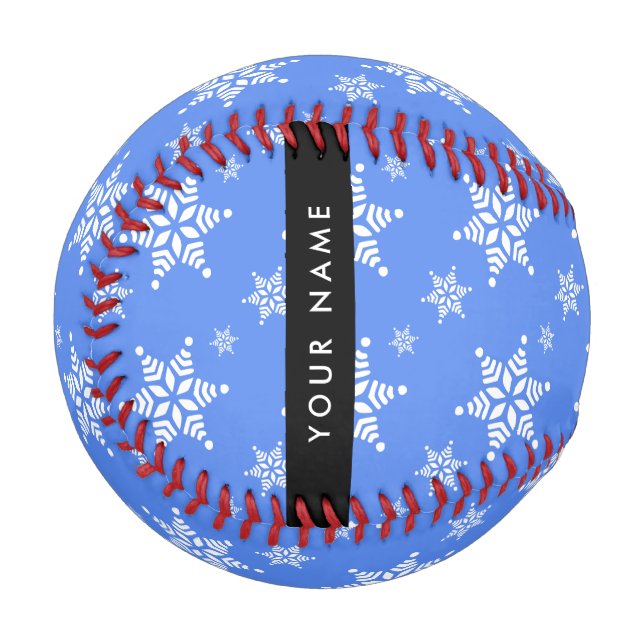 White Snowflakes, Blue, Your name, Personalise Baseball (Front Left)
