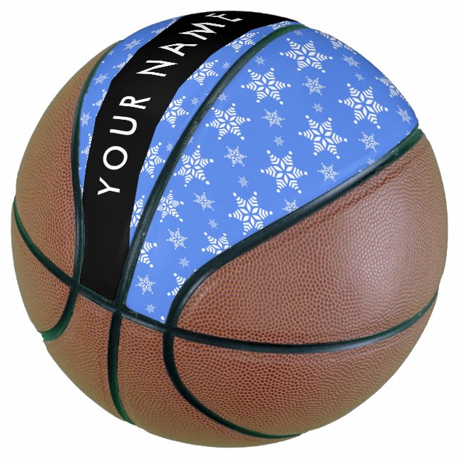 White Snowflakes, Blue, Your name, Personalise Basketball (Angled)