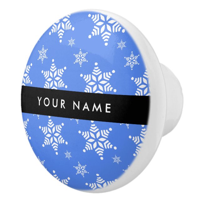 White Snowflakes, Blue, Your name, Personalise Ceramic Knob (Right)
