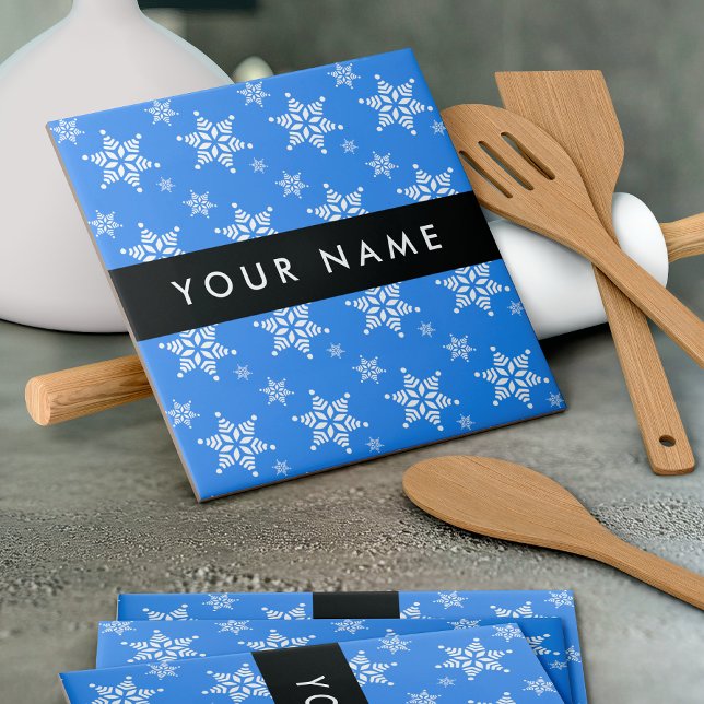 White Snowflakes, Blue, Your name, Personalise Ceramic Tile (Creator Uploaded)