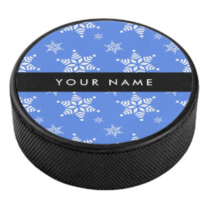 White Snowflakes, Blue, Your name, Personalise Hockey Puck