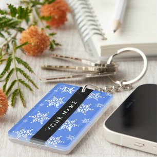 White Snowflakes, Blue, Your name, Personalise Key Ring