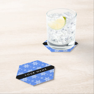 White Snowflakes, Blue, Your name, Personalise Paper Coaster