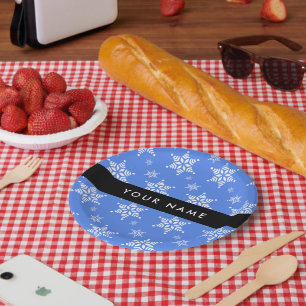 White Snowflakes, Blue, Your name, Personalise Paper Plate