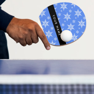 White Snowflakes, Blue, Your name, Personalise Ping Pong Paddle