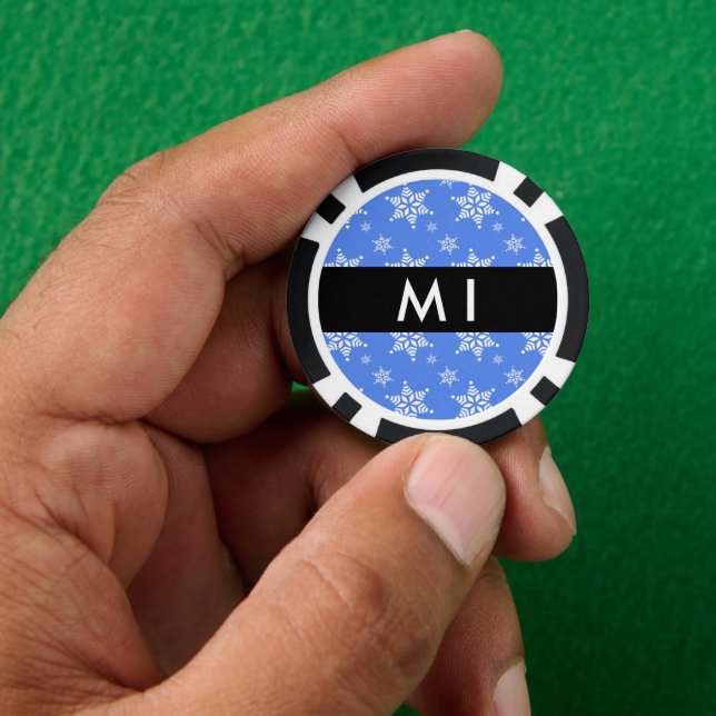 White Snowflakes, Blue, Your name, Personalise Poker Chips (Hand)