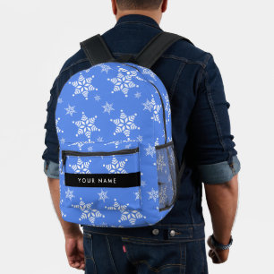 White Snowflakes, Blue, Your name, Personalise Printed Backpack