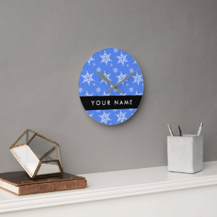 White Snowflakes, Blue, Your name, Personalise Round Clock