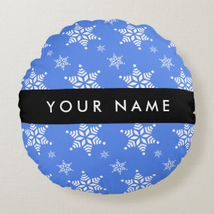 White Snowflakes, Blue, Your name, Personalise Round Cushion