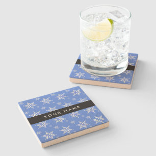 White Snowflakes, Blue, Your name, Personalise Stone Coaster