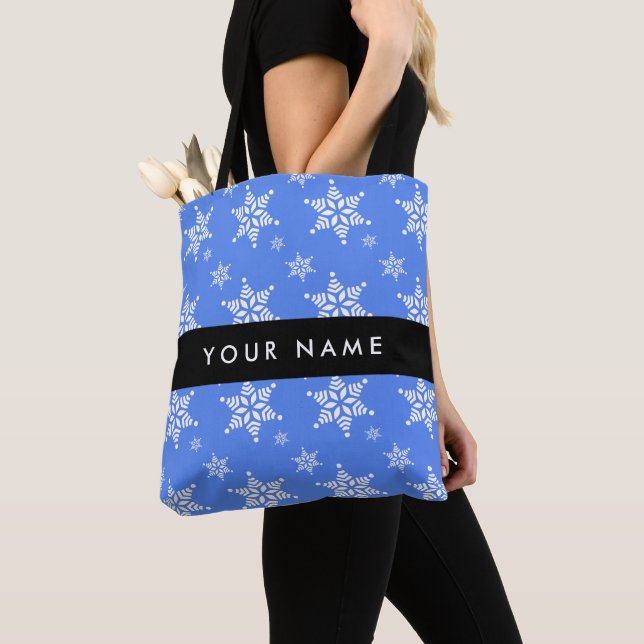 White Snowflakes, Blue, Your name, Personalise Tote Bag (Close Up)