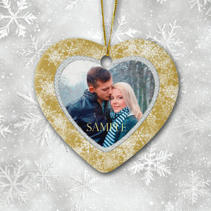 White Snowflakes Border on Gold Photo Template Ceramic Ornament