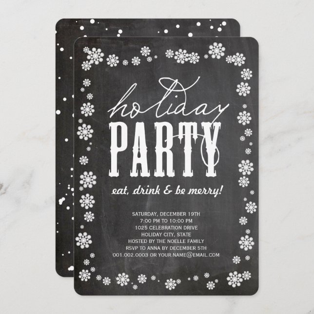White Snowflakes Chalkboard Holiday Party Invite (Front/Back)
