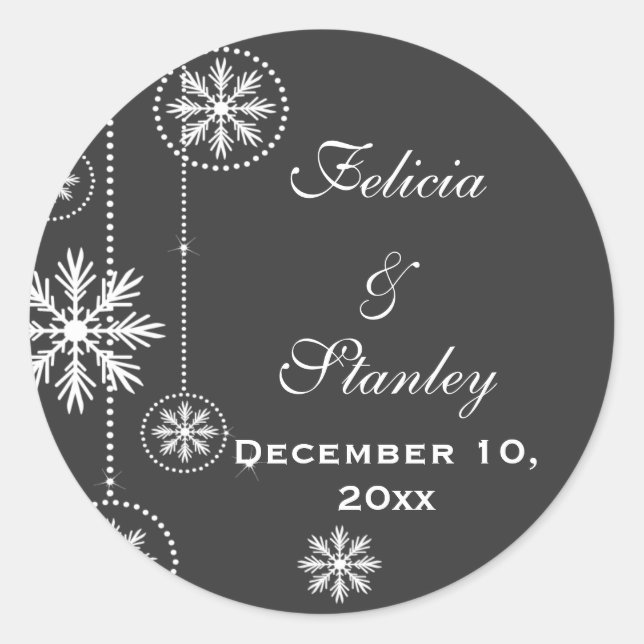 White snowflakes charcoal wedding Save the Date Classic Round Sticker (Front)