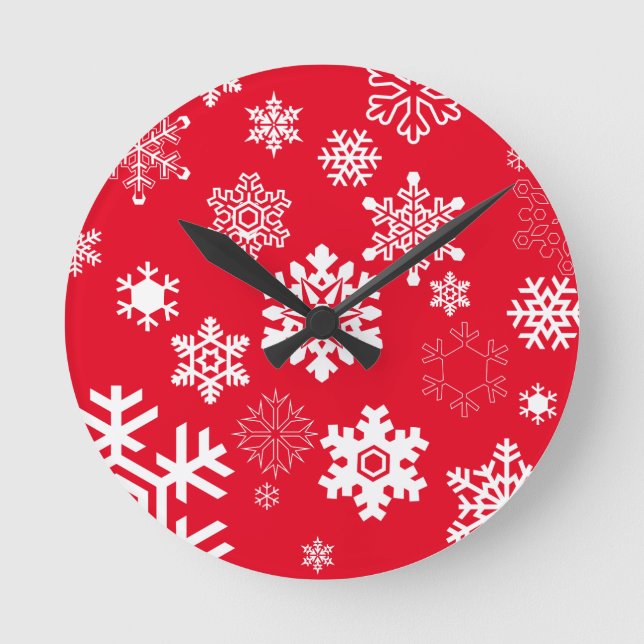 White Snowflakes - Customizable Background Color Round Clock (Front)