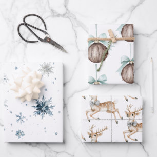 White Snowflakes Deer Coconut Ornaments Wrapping Paper Sheet