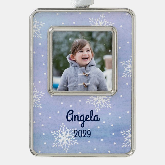 White Snowflakes Dots Name Year Holiday Photo Silver Plated Framed Ornament (Front)