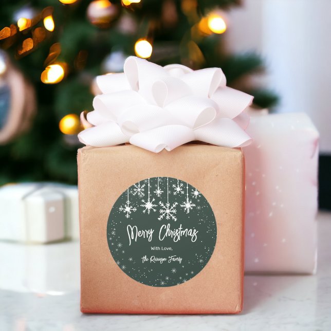 White snowflakes elegant green merry christmas classic round sticker (White snowflakes elegant green merry christmas classic round sticker)