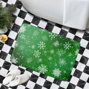White Snowflakes Emerald Green Bath Mat