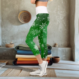 White Snowflakes Emerald Green Capri Leggings