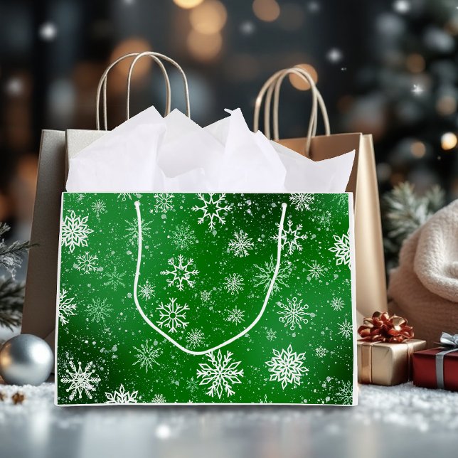 White Snowflakes Emerald Green Large Gift Bag (Creator Uploaded)