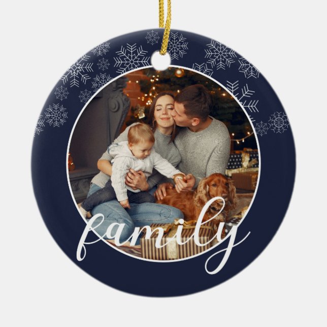 White Snowflakes Family Dark Blue Photo Ceramic Ornament (Front)