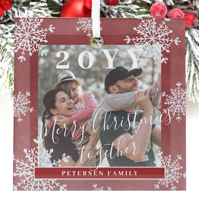 White snowflakes family photo personalised red  glass tree decoration (Creator Uploaded)