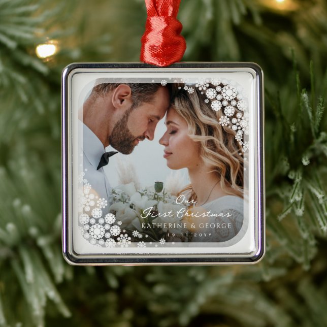 White Snowflakes Frame Chic Holiday Wedding Photo Metal Ornament (Tree)
