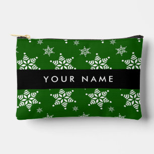 White Snowflakes, Green, Your name, Personalise Accessory Pouch