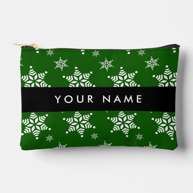 White Snowflakes, Green, Your name, Personalise Accessory Pouch (Front)