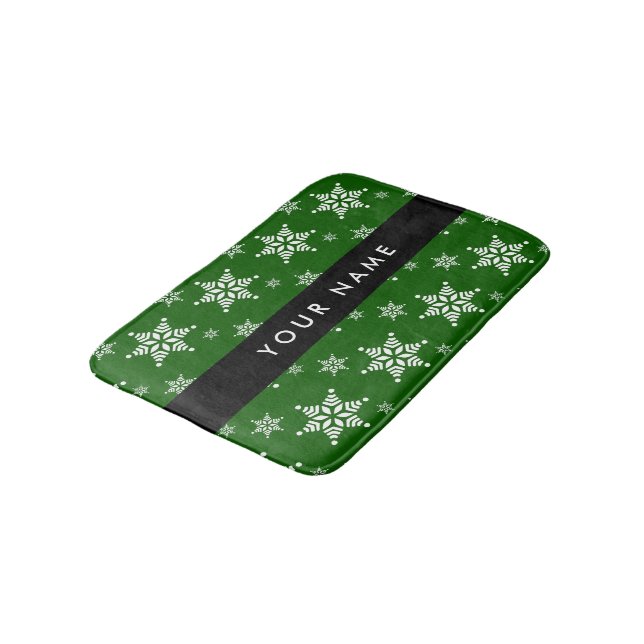 White Snowflakes, Green, Your name, Personalise Bath Mat (Angled)