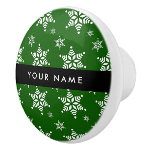 White Snowflakes, Green, Your name, Personalise Ceramic Knob