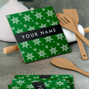 White Snowflakes, Green, Your name, Personalise Ceramic Tile