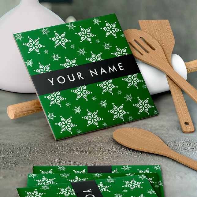 White Snowflakes, Green, Your name, Personalise Ceramic Tile (Creator Uploaded)