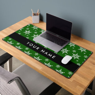 White Snowflakes, Green, Your name, Personalise Desk Mat