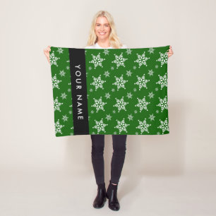 White Snowflakes, Green, Your name, Personalise Fleece Blanket