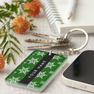 White Snowflakes, Green, Your name, Personalise Key Ring