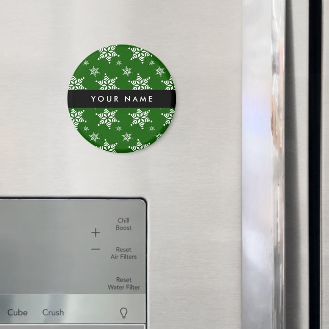 White Snowflakes, Green, Your name, Personalise Magnet (In Situ (Fridge))